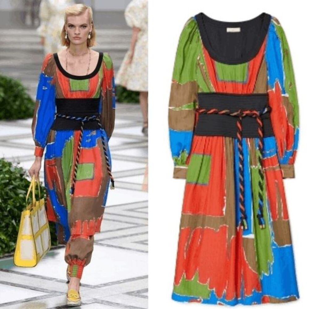 TORY BURCH Printed Tie-waist Dress In Painted Geo US 6 $798